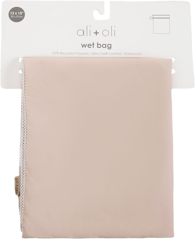 Ali+Oli Water Resistant Dual-Compartment Wet-Dry Bag for Travel, Hook to Stroller, Daycare, Diapers, Diaper Bag, Clutch Bag,15x12 inches (Taupe)