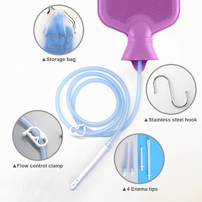 Enema Bag Kit for Women & Men, Colon Cleanse Enema Bag 2L with 4 Tips & Flow Control Clamp, 5ft Hose, Hook, Storage Bag