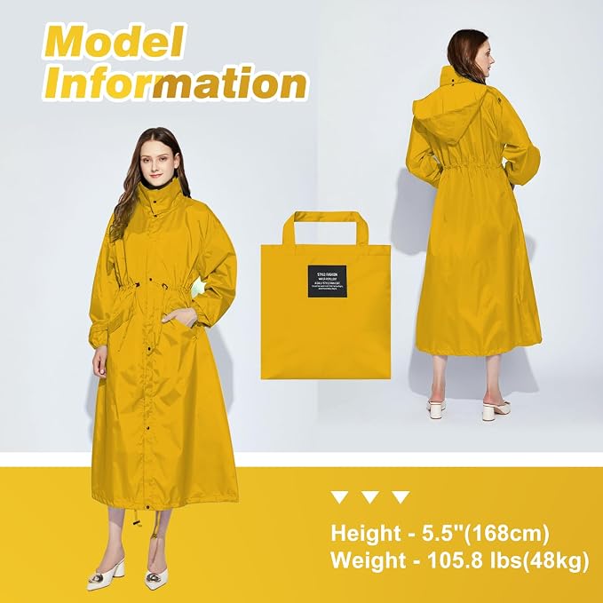 LAMA Womens Long Raincoats Rain Jacket Waterproof Packable Hooded Windbreaker Lightweight Adjustable Waist for Outdoor