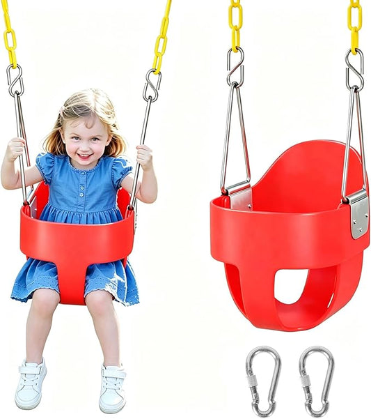 DECORLIFE Toddler Swing - High Back Full Bucket Seat for Ages 1-3, 330lb Capacity, Baby Infant Swing Outdoor with Safety Design, Plastic-Coated Chains, Carabiners for Backyard, Garden-Red