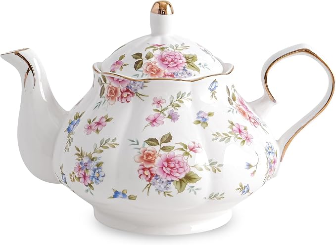 Agyiuns Flower Ceramic Teapot,22oz Porcelain Tea pot for Tea Coffee Milk for Office Home Men Women as Gift(White and small flowers)