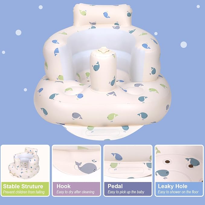 AirSwim Inflatable Baby Chair, Inflatable Baby Seat for Babies 3 Months and Up, Summer Blow Up Chair with Built in Air Pump, Bumbo Seat for Learning to Sit, Palying, Camping, Whale