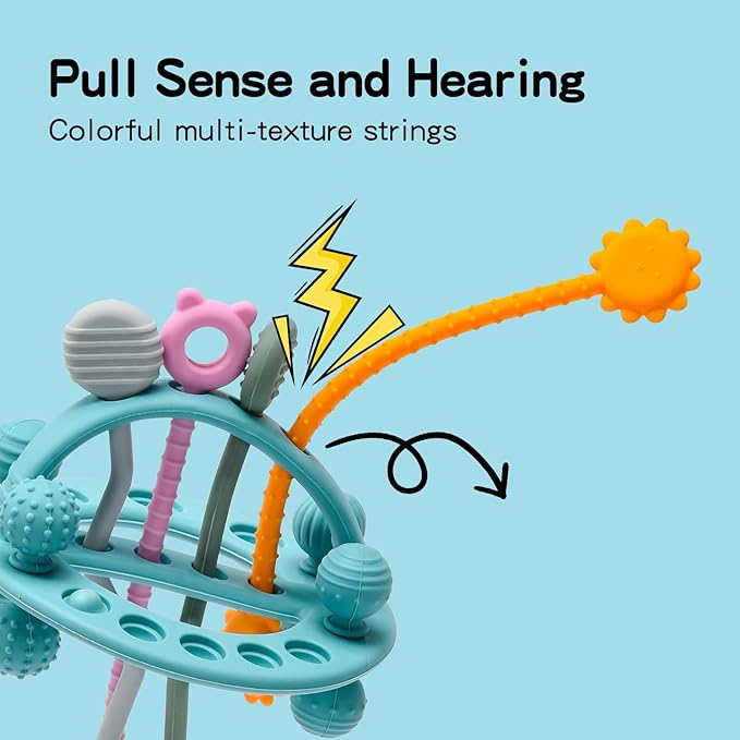 Food Grade Silicone Pull String Baby Toy, Montessori Pull String Sensory Toy for 18 Months Babies Teething Toys (Blue)