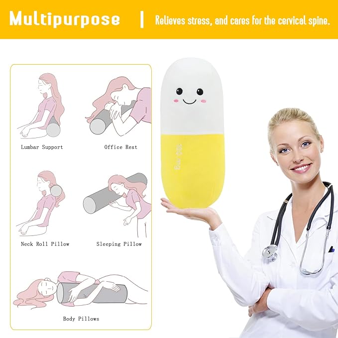 Pill Pillow Neck Roll Pillow Cute Preppy Room Decor Chill Pillows with Washable Cover, Funny Aesthetic Trendy Gift Throw Pillows for College Dorm Teenager Y2K Teacher Doctor Nurse (Yellow, M)