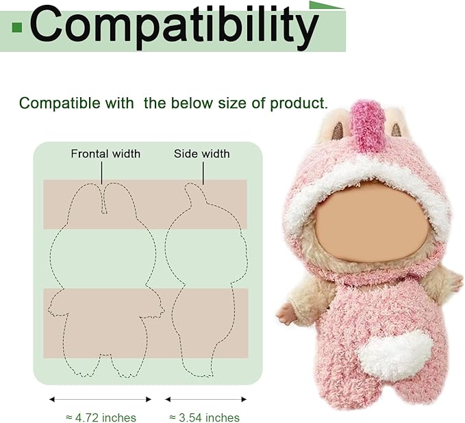 Pink Dinosaur Outfit for Labubu Dolls, Soft Plush Fits Popmart 15-17cm Doll Clothes, Cute Dino Costume for Labubu Clothes Collection