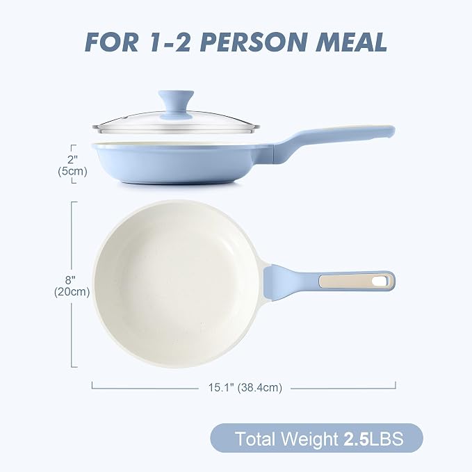 SENSARTE 8Inch Nonstick Ceramic Frying Pan with Lid, PFAS/PTFE Free, Blue | Ceramic Omelette Pan Skillet, Healthy Non-toxic Chef's Pan, Induction Compatible Pan, Heat Resistant Handle