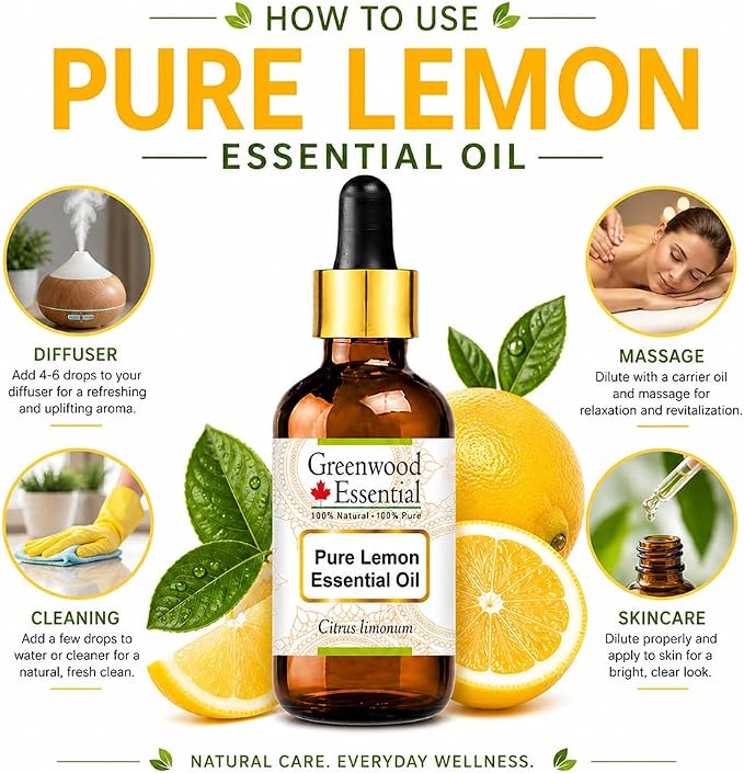 Greenwood Essential Pure Lemon Essential Oil (Citrus limonum) with Glass Dropper Steam Distilled 5ml (0.16 oz)
