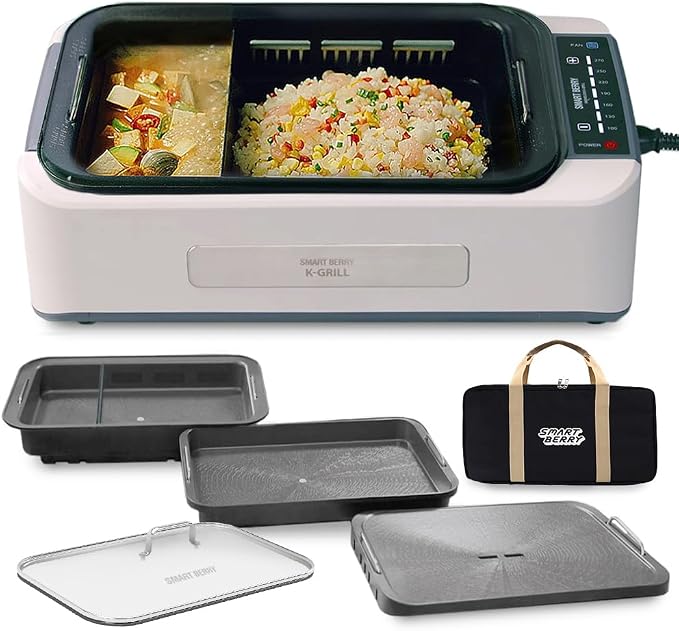 SMART BERRY 3 in 1 Smokeless Electric Indoor Grill, Nonstick Grill/Griddle Plates, Jjamjjapan, Glass Lid, Portable Korean BBQ Grill with 7-Level Control (Jjamjjapan set White)