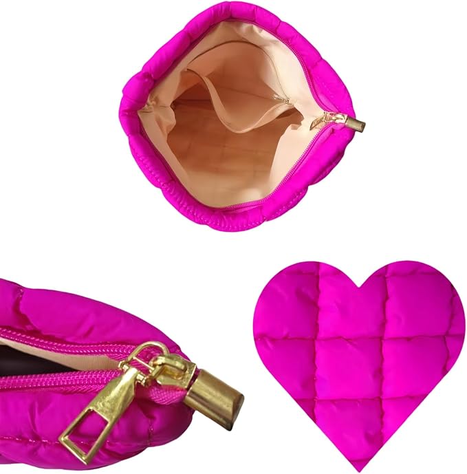 Soft Checkered Quilted Puffy Makeup Bag for Women, Aesthetic Puffer Cosmetic Bag Pouch for Purse (Hot Pink)