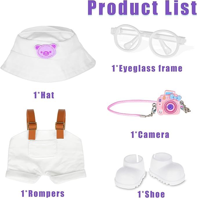 iBayda 17cm Fashion Doll Clothes & Accessories Set Include: Hat, Overall, Shoes, Glasses and Bag- Cute Clothes for Dress up Unique Style (Doll Not Included), White