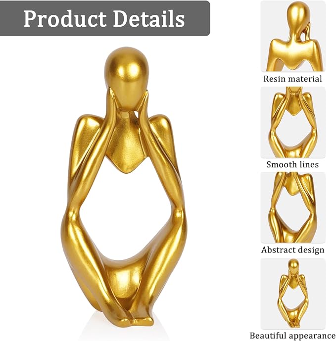 Sandstone Resin Thinker Statue Style Abstract Sculpture, Gold, Focus | Small Statue Collectible Figurines, Modern Aesthetic Ornament for Home Office Bookshelf Desktop Coffee Table Decor