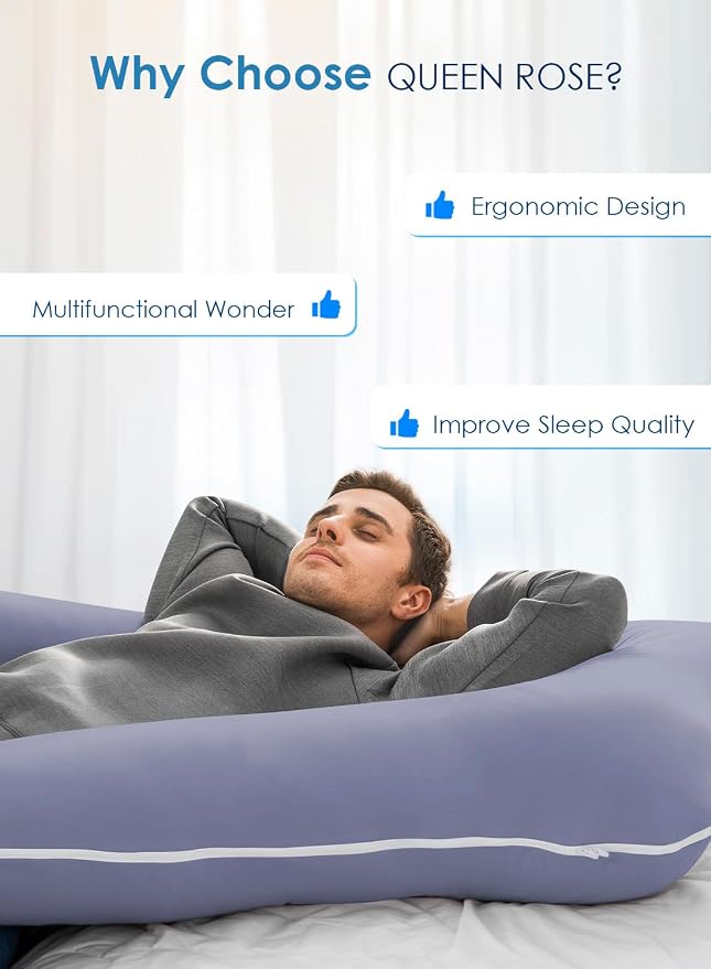 QUEEN ROSE Pregnancy Pillow, U Shaped Full Body Pillows for Sleeping Support, 55 Inch Maternity Pillow for Pregnant Women with Cooling Silky Cover, Blue