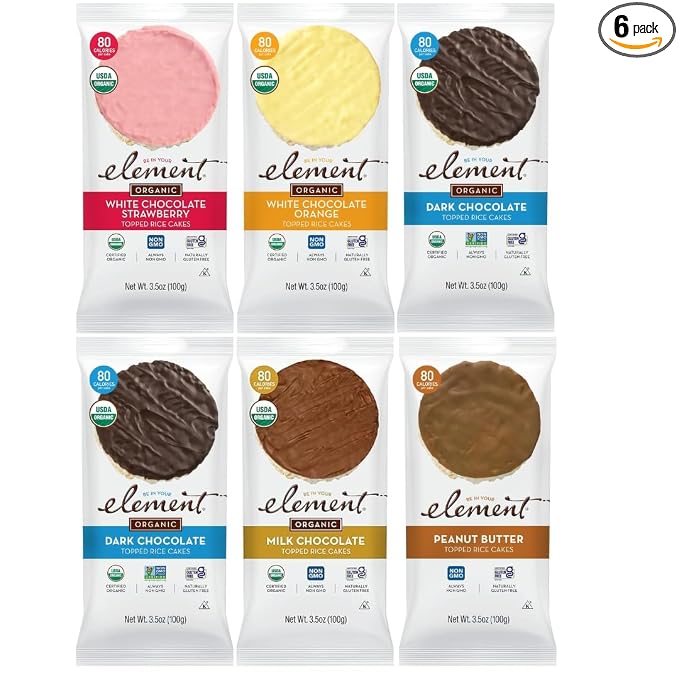 Element Snacks Rice Cake Variety Pack (6 Pack) – Strawberry & Cream, Peanut Butter, Mini Dark Chocolate, Milk Chocolate, Vanilla Orange & Dark Chocolate – Light Crispy Snack for Home, Work, Events & On-the-Go