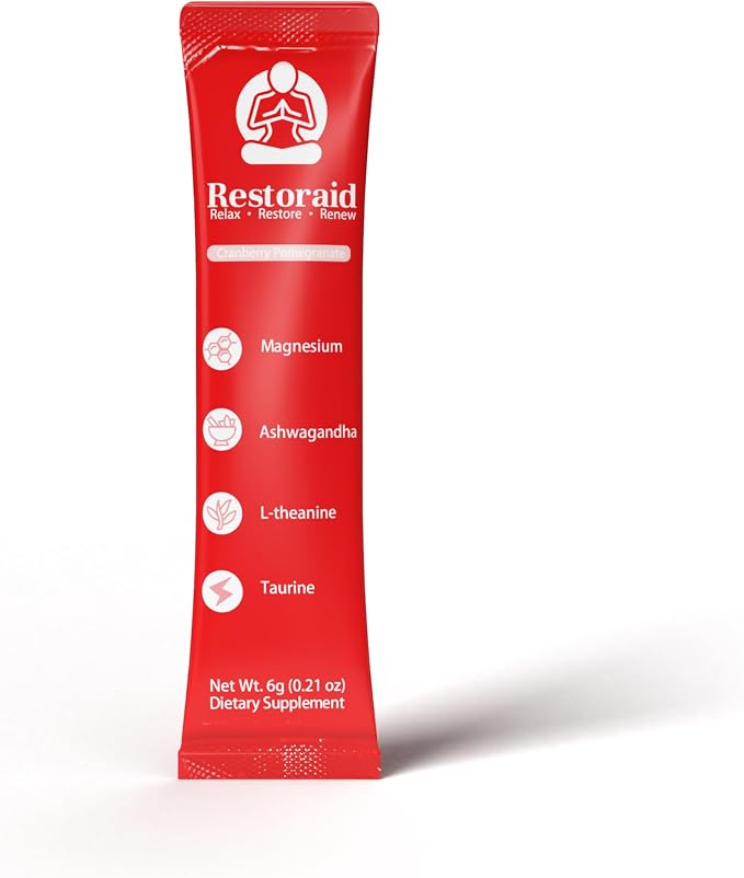 Restoraid Relaxation Drink Mix – 25 Packets | Magnesium, L-Theanine, Ashwagandha, Taurine, Glycine | Calming & Relaxing Supplement (Cranberry Pomegranate)