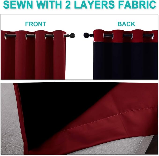 NICETOWN Full Shade Curtain Panels, 70 x 72 inch, Burgundy Red, Pair of Energy Smart & Noise Blocking Out Blackout Drapes for Dining Room Window, Thermal Insulated Guest Room Lined Window Dressing