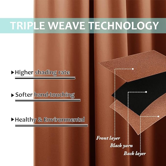 NICETOWN Full Shading Curtains 90 inches Long 2 Panels Set for Windows, Super Heavy-Duty Black Lined Blackout Curtains for Bedroom, Privacy Assured Window Treatment (Burnt Orange, 52 inches W)