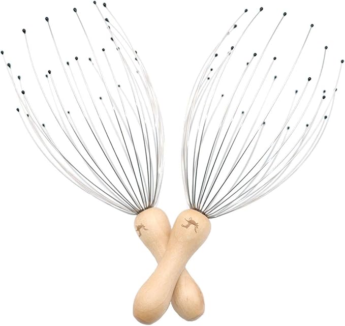 USAGA 28 Finger Head Scratcher, Head Massager, Scalp Massager, Stocking Stuffers Gift for Scalp Body Relaxing Wood Handle (2 Pack)