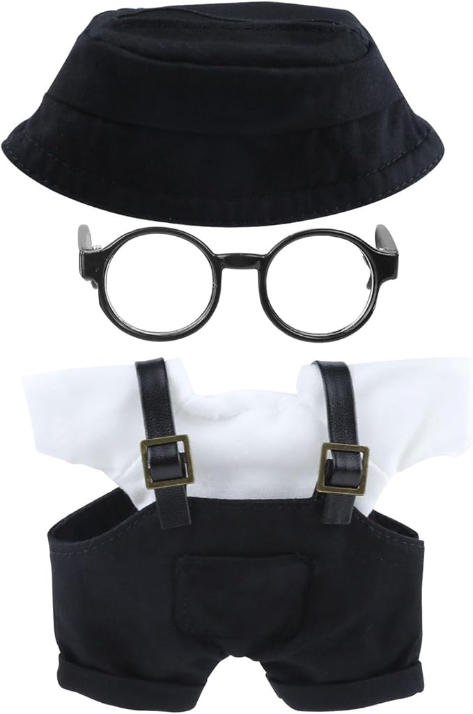 Doll Clothes17cm Black Outfits for Dolls Cute Hat Overalls Set Glasses and White T-Shirt Exquisite Clothes Accessories (Black Jumpsuit)