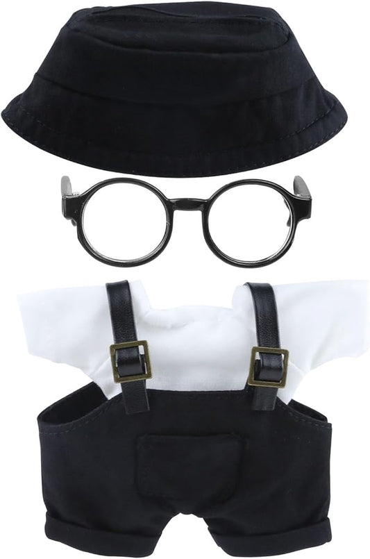 Doll Clothes17cm Black Outfits for Dolls Cute Hat Overalls Set Glasses and White T-Shirt Exquisite Clothes Accessories (Black Jumpsuit)