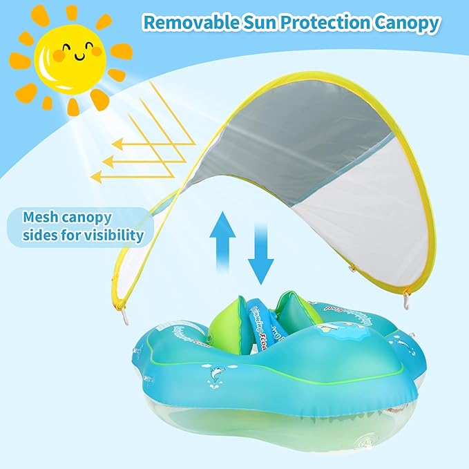 Free Swimming Baby Inflatable Baby Float with Sun Canopy Size Improved Infant Pool Floaties Swimming Pool Toys for The Age of 3-36 Months (Blue, X-Large)
