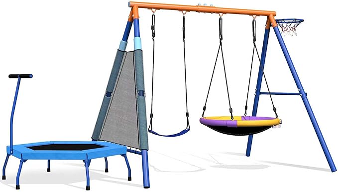 5-in-1 Kids Swing Sets for Backyard with Trampoline, 880lbs Heavy-Duty A-Frame Stand Metal Outdoor with 32 inch Saucer & Belt Swing, 55 inch Trampoline, Basketball Hoop, Led Light & Anchors