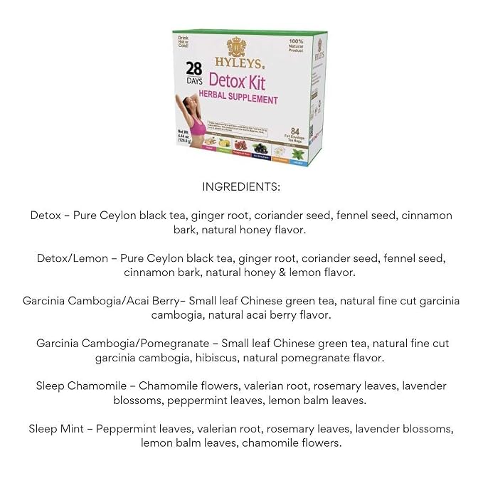 Hyleys Detox Tea for Cleanse – 28 Day Detox Kit with 84 Tea Bags – Garcinia Cambogia, Green Tea, Mint & Chamomile – Supports Weight Loss, Digestion & Sleep