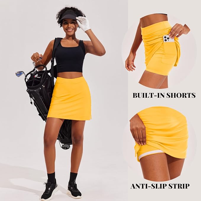 Ekouaer 16" Skorts for Women with Pockets Golf Pickleball Tennis Skirt | Silicone Grippers,2 Inner Pockets,Wide Waist,Side Slit Hem,Breathable,Soft,Lightweight