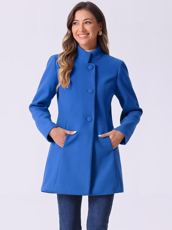 Allegra K Women's Winter Overcoat Mid-Long Stand Collar Single Breasted Coat Outerwear