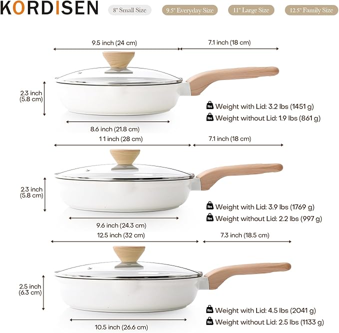 Kordisen Ceramic Nonstick Frying Pan Skillet Set with Lid, 3 Piece Ceramic Pans for Cooking Non Toxic, Healthy Induction Cookware, Stay-Cool Handle, PFOA & PFAS Free (9.5 Inch, 11 Inch, 12.5 Inch)