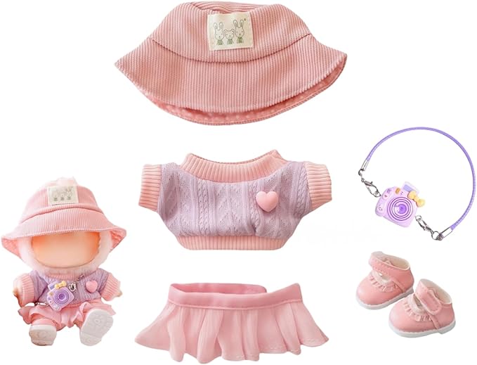 Clothes for Dolls Accessories, Stylish Kawaii Pink Outfit Set 5 Pieces Suitable for 15cm 17cm Doll , Doll Hat Clothing Set Replacement