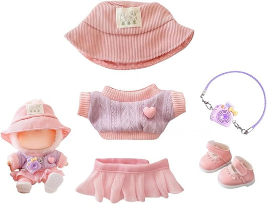 Clothes for Dolls Accessories, Stylish Kawaii Pink Outfit Set 5 Pieces Suitable for 15cm 17cm Doll , Doll Hat Clothing Set Replacement