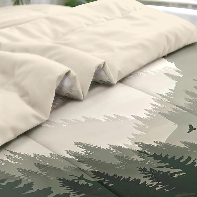 Pamnest Comforter Set Queen Size, Mountain Pine Tree 7 Pcs Bedding for Kids and Adults, Natural Forest Landscape Bed Sheet Sets with Fitted Sheet 2 Pillowcases & 2 Shams