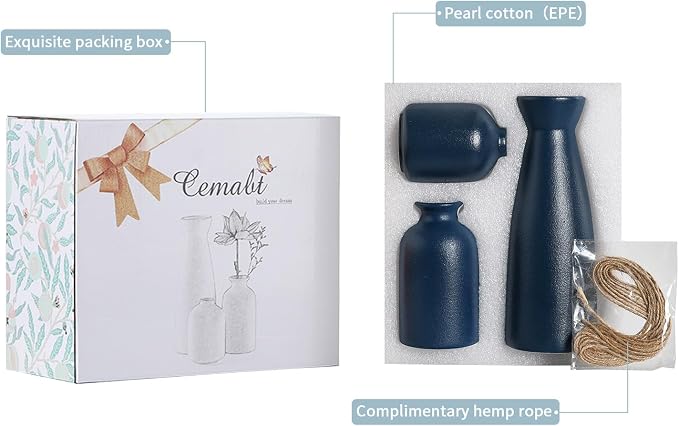 CEMABT Ceramic Blue Vases Set of 3 Small Flower Vases for Decor, Modern Rustic Farmhouse Home Decor, Decorative Vases for Pampas Grass,Idea Shelf,Table,Bookshelf,Entryway- Distressed Decor