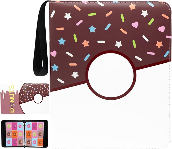 9 Pocket Card Binder 900 Card Holder Album, Pink Donut Trading Cards Holder Zipper Binder for Girl Teen Collection (Choco Donut, 900 Pocket)