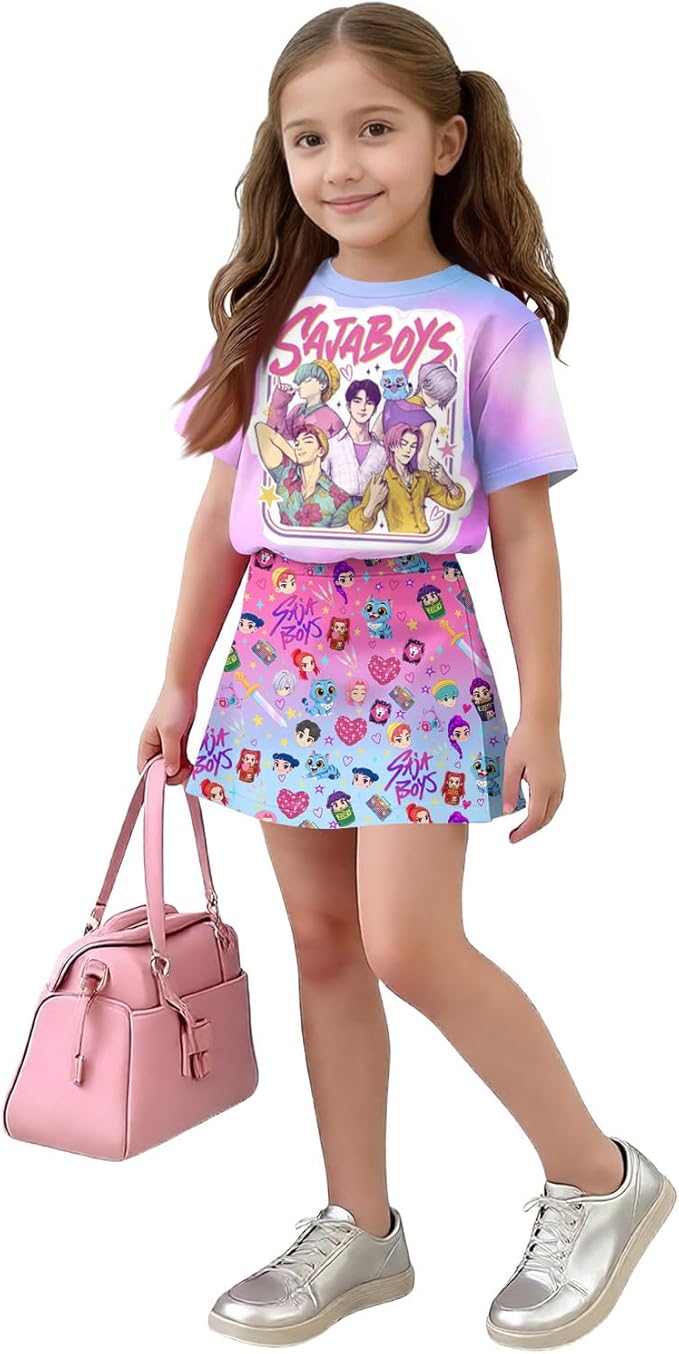 HTHLVMD K Pop Short Sleeve T-Shirt and Skirts Outfits Set for Girls Hunters Rumi Mira Zoey Graphic Tees De-Mon Costume