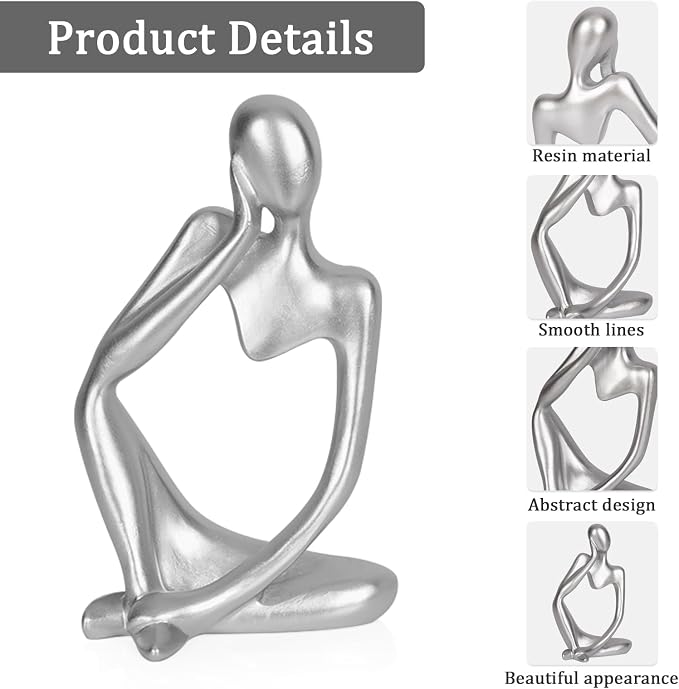 Sandstone Resin Thinker Statue Style Abstract Sculpture, Silver, 3pcs | Small Statue Collectible Figurines, Modern Aesthetic Ornament for Home Office Bookshelf Desktop Coffee Table Decor
