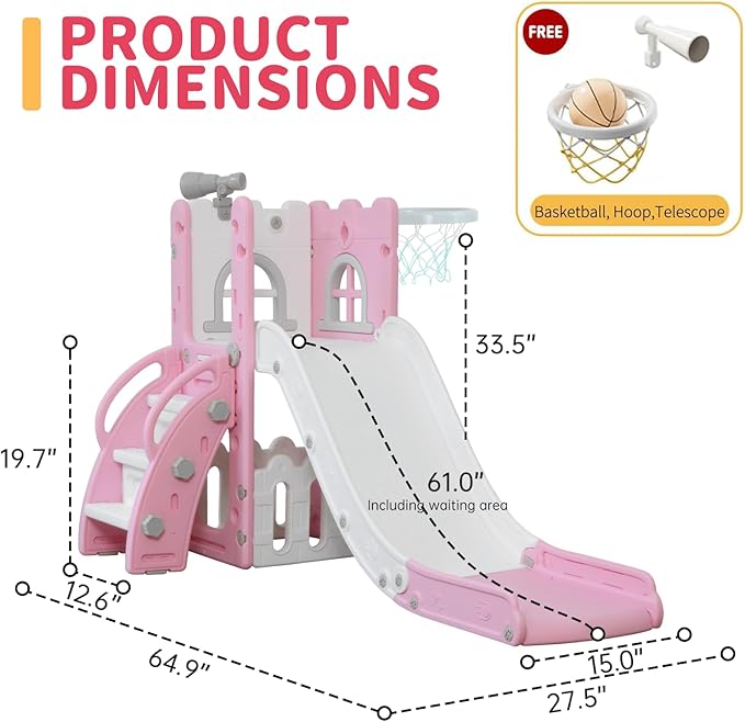 Toddler Slide for Kids with Climber Basketball Hoop, Storage Space, Telescope Kids Indoor Slide Baby Slide for Outdoor Play Upgraded Toddler Indoor Playground with Wider and Longer Slideway Upgraded