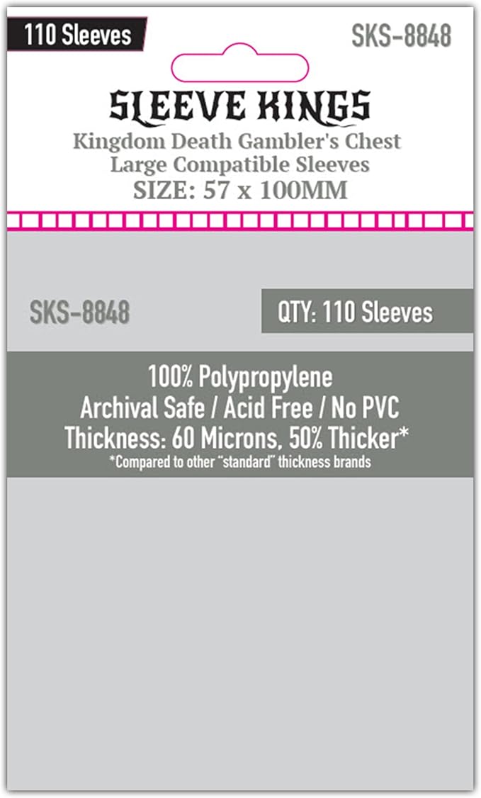 Sleeve Kings Standard Card Sleeves – 110 Count, Clear 60 Micron Thickness, Large Size (57 x 100 mm), Compatible with Kingdom Death: Monster & More – SKU: SKS-8848