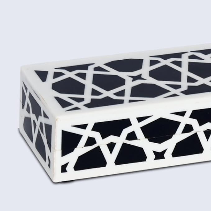 Handicrafts Home Decorative Storage Box with Lid, Black and White Moroccan Zellij Pattern Remote Holder, Slim Coffee Table Box, Geometric Lattice Box for Shelf & Desk Decor, Zellij 10 x 2.5 x 1.5