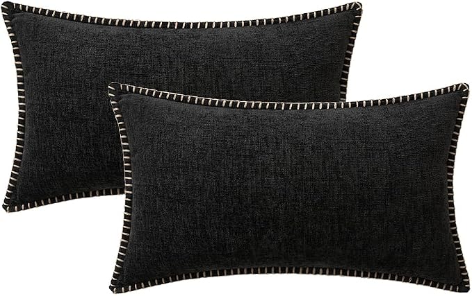 MIULEE Decorative Lumbar Throw Pillow Covers 12x20 Inch Black 2 Pack | Farmhouse Pillow Covers with Stitched Edge, Soft Chenille Cushion Cases, for Couch Sofa Bed Living Room Home Decor