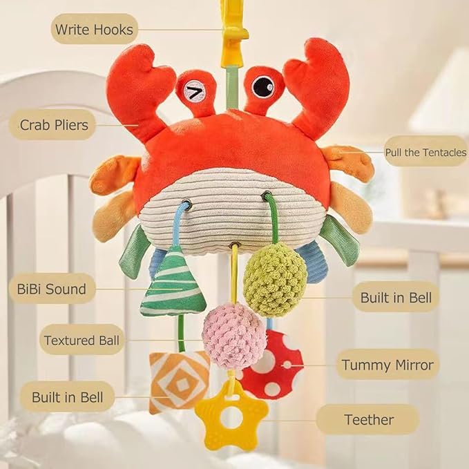Baby Activity Hanging Toy, Soft Plush Crab Sensory Toys with Rattle ＆ Textures, Baby Stroller Toy, Toy for Car Seat and Crib, Early Educational Toys for Infant Boys and Girls
