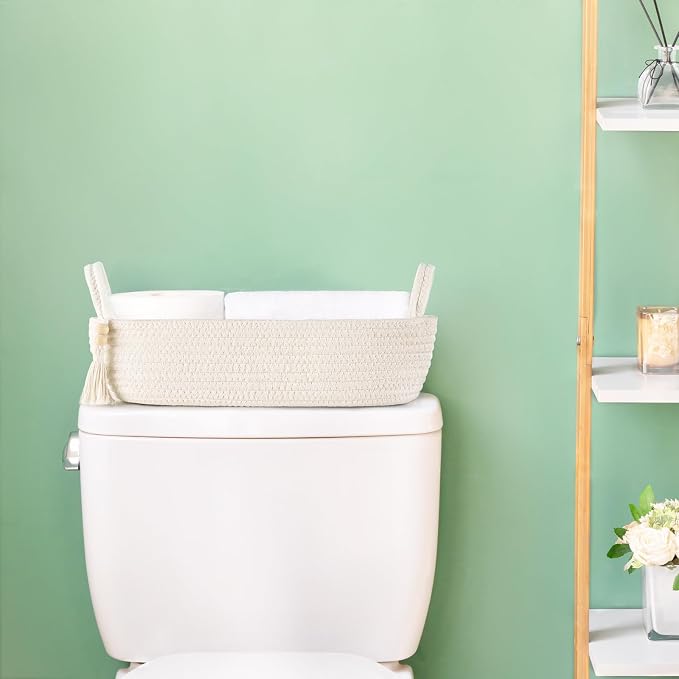 Mkono Toilet Paper Basket, Boho Bathroom Decor, Small Storage Organizer | White, 15.7"L x 6"W, Back of Toilet Basket, Decorative Woven Tray with Handles, Space-Saving, Living Room Bedroom, 1 Pack