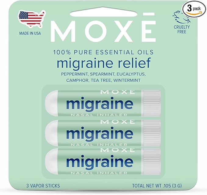 MOXE Migraine Relief Nasal Inhalers, Essential Oils for Headaches & Tension Relief, Portable Aromatherapy, Easy-to-Use, Pure & Undiluted, Peppermint, Spearmint, Eucalyptus, Tea Tree, 3 Pack