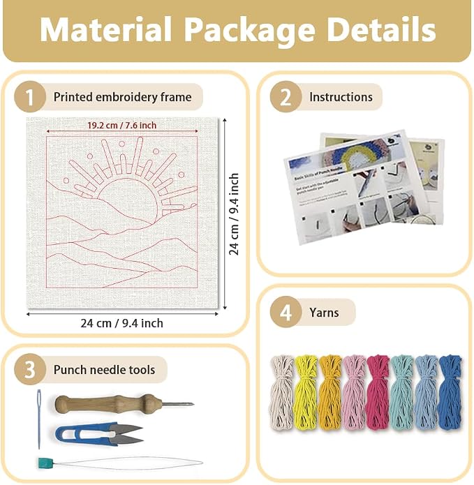 Doodlream Colorful Mountain Sun DIY Punch Needle Embroidery Kit for Adult Beginner, 9.4" Landscapes Punch Stitching Craft Set for Starter with Frame,Fabric Pattern,Threader, Yarn, Pinch Needle