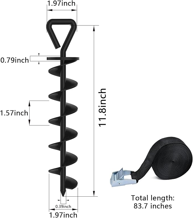 Eurmax USA 4 Pack Heavy Duty Ground Stakes,Industrial Grade Spiral Steel Screw-in Trampoline Anchors with 4 Reinforced Straps,High Wind Stabilizing Kit for Dog Tie-Out,Canopies,Sheds,Swing Sets,Black