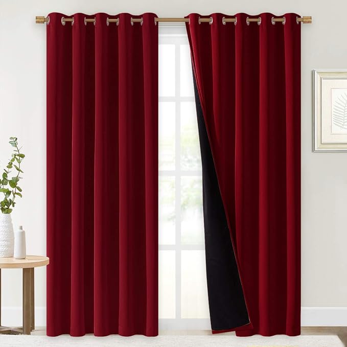 NICETOWN 100% Blackout Window Curtain Panels, Burgundy Red, 2 PCs, 62" Wide Each Panel, Cold and Full Light Blocking Drapes with Black Liner for Nursery, 84 inches Drop Thermal Insulated Draperies