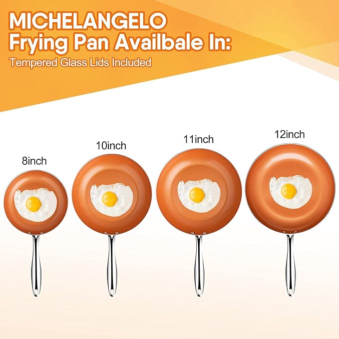 MICHELANGELO 12 Inch Frying Pan with Lid, Nonstick Copper Frying Pan, Non Stick Ceramic Skillet with Lid, Large Copper Pan Non-Stick, Induction Compatible