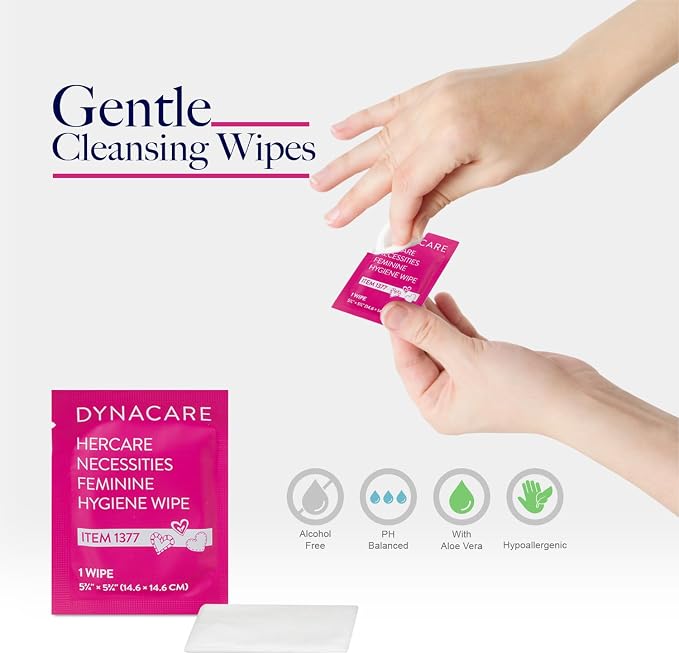 Dynarex HerCare Necessities Menstrual Kits - 50 Count Period Kits with 1 Super Maxi Pad, 1 Ultra-Thin Maxi Pad, 2 Feminine Hygiene Wipes - Travel Essentials for Women & Teens