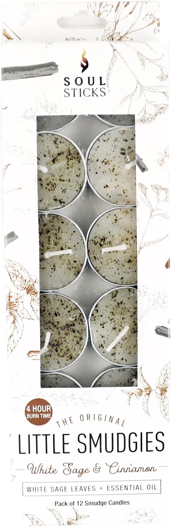 SOUL STICKS 12 Pack Little Smudgies Tealight Candles Smudge Candle for Cleansing House, Meditation, Chakra Healing | Made with Crystals and Herbs (White Sage & Cinnamon)