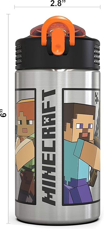 Zak Designs Minecraft - 15.5 oz Singal Wall Stainless Steel Water Bottle with One Hand Operation Action Lid and Built-in Carrying Loop, with Straw Spout is Perfect for Kids (Small)